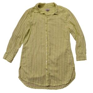 Martha Stewart Striped Linen Button Up Tunic Shirt L Green White Coastal Summer